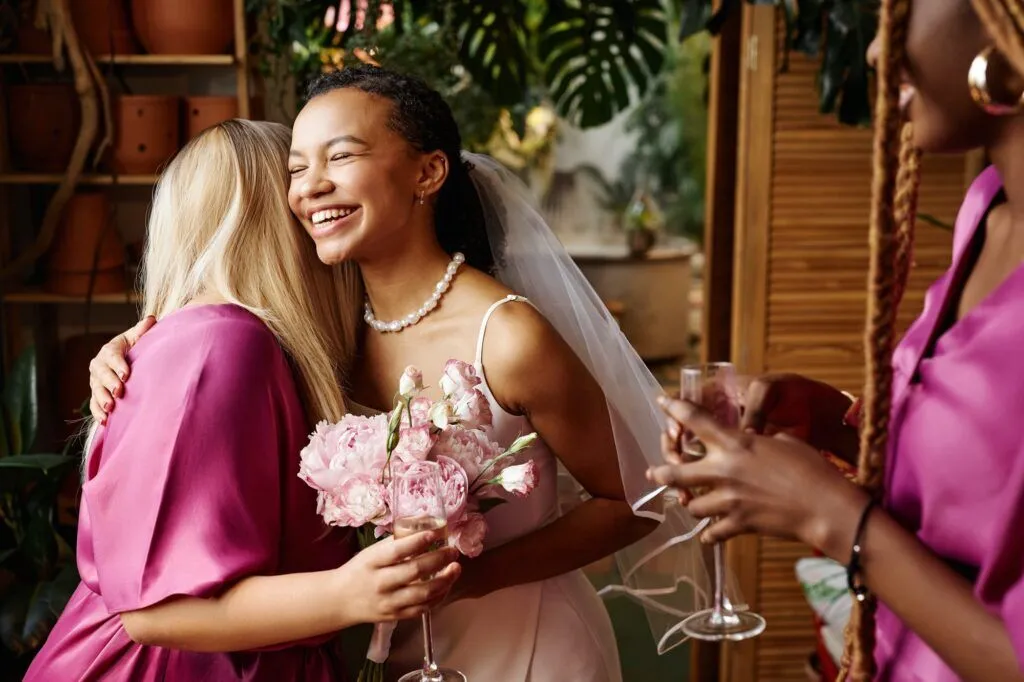 Bride hugging bridesmaid on her wedding day with wedding ceremony DJ services provided by Good Company Entertainment Group Edmonton